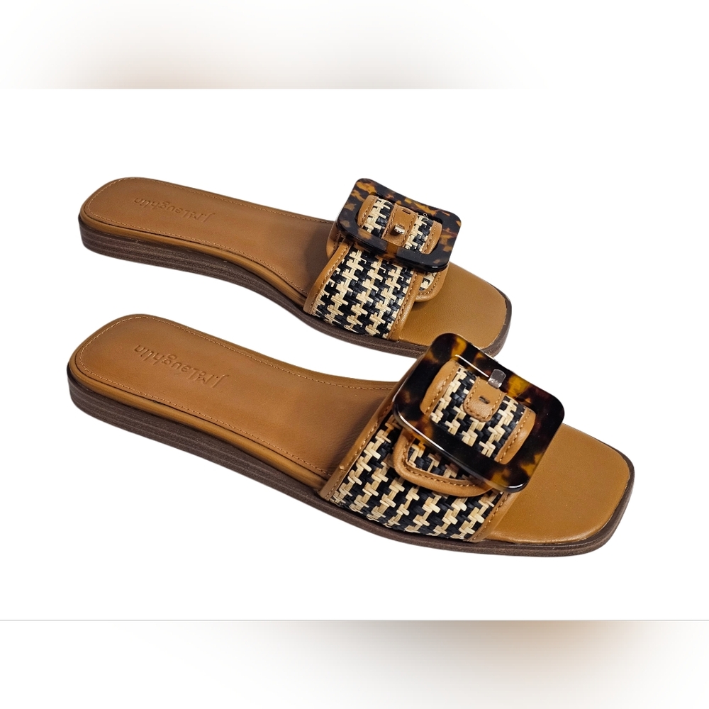 J McLaughlin Alaia Slide Sandals Leather Sole Brown Tortoise Buckle Women's 7.5